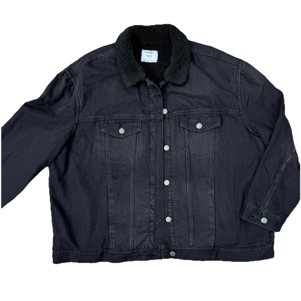 ❌Oversized Sherpa Fleece Lined Black Denim Jean Jacket Old Navy Women’s Size XXL